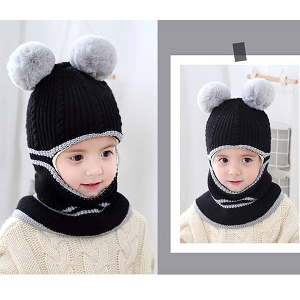 Kids Winter Plus Velvet Thickened face Protection Scarf Skull Caps Cute Beanie Cap Winter Soft Warm Knit Caps (Hat1-Black)