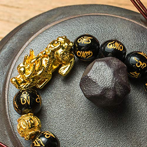 Feng Shui 14mm Black Hand Carved Mantra Beads Bracelet with 1 Golden Pi Xiu/Pi Yao and 1 Golden Mantra Bead Attract Lucky Wealthy4