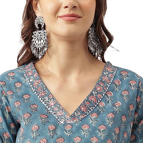 Image of Divena blue Floral Printed Cotton Embroidered kurta, Trouser with Dupatta