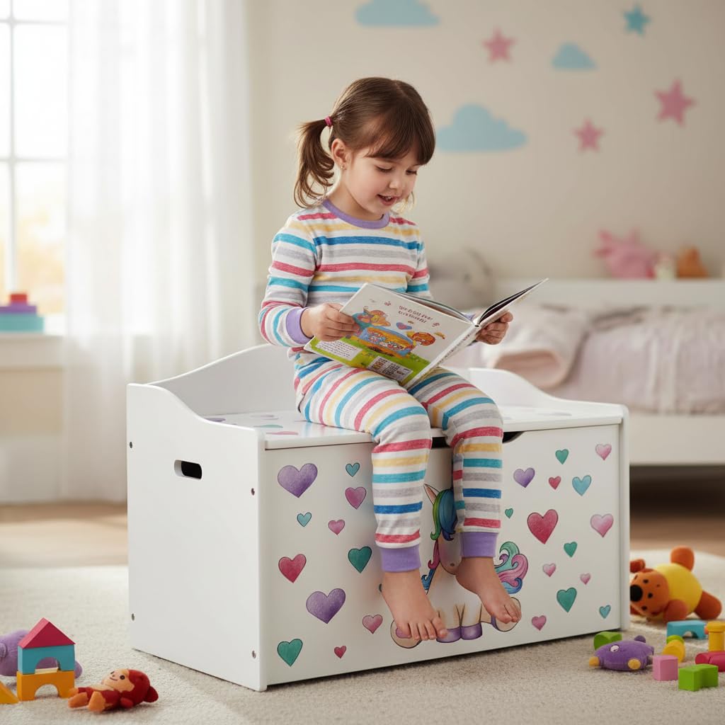 Leomark Kinderbank Hölzerne - Unicorn - Kindertruhenbank, Behälter für Spielzeug, Truhe für Kinderzimmer, Höhe: 46 cm