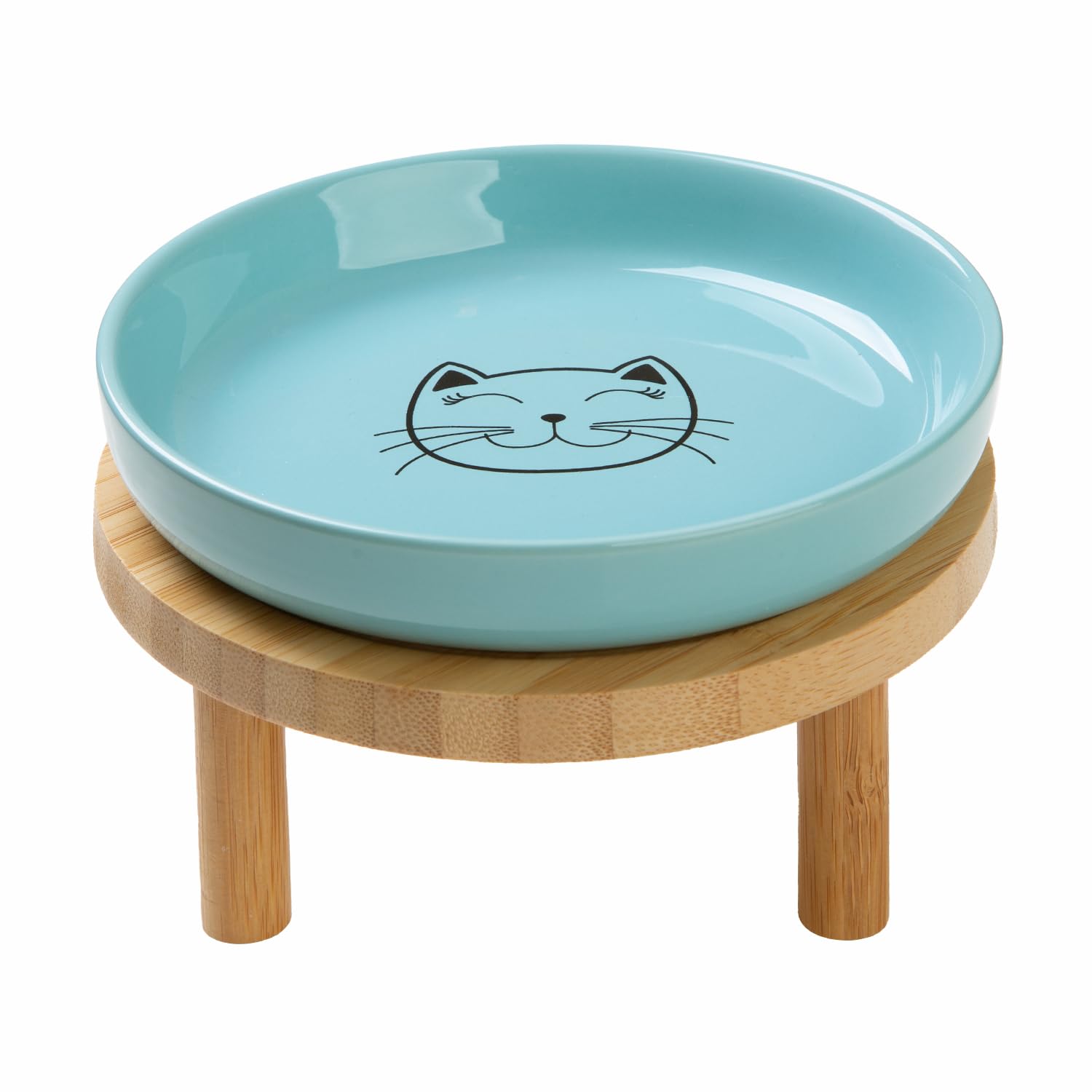 Lusifaco Shallow Elevated Cat Bowls,5.9 Inch Wide Raised Ceramic Cat Dishes with Bamboo Stand, Whisker Friendly Pet Water or Food Plates Feeding Station for Indoor Cats, Kitten(Blue,Set of 1)