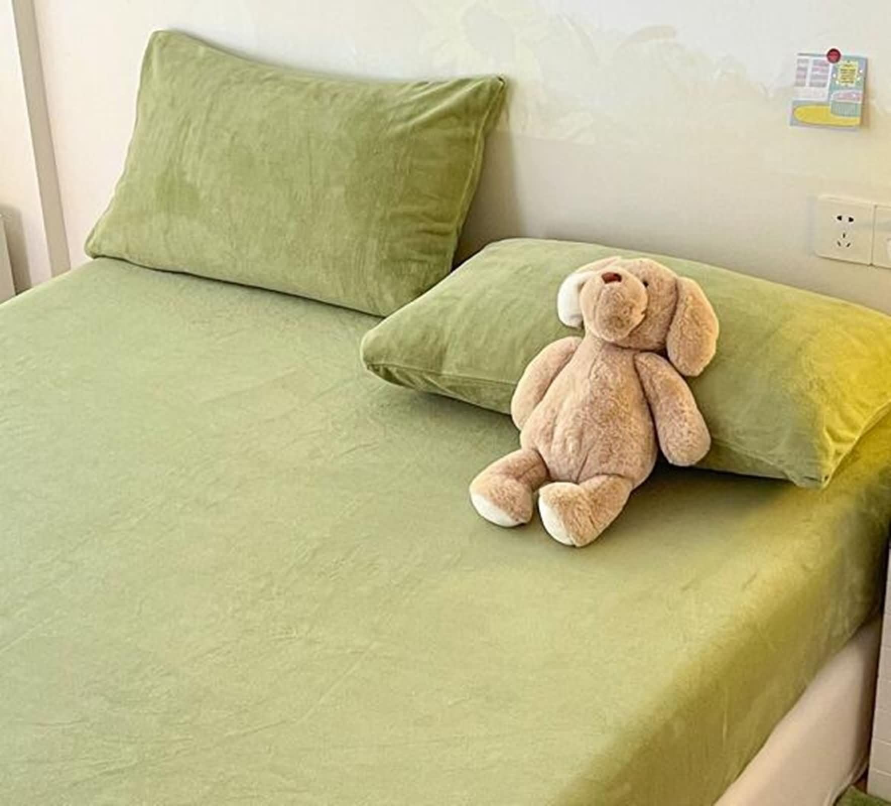 Drap Housse Élastique en Velours, Couleur Unie, 180 x 200 CM, Olive Vert