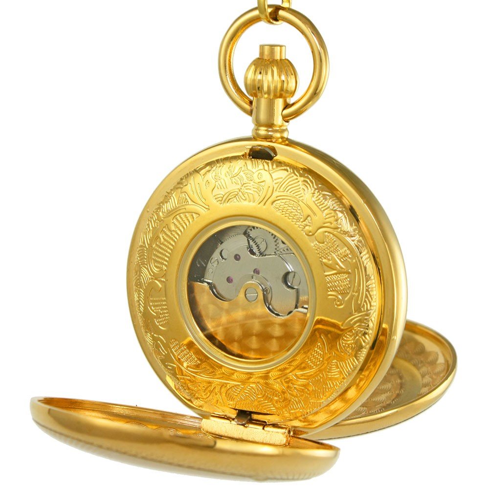 OGLE Vintage Kupfer doppelte Abdeckung Tourbillon Phasen Mond Kette Fob Selbstaufzug automatische mechanische Taschenuhr / goldfarbenes Zifferblatt