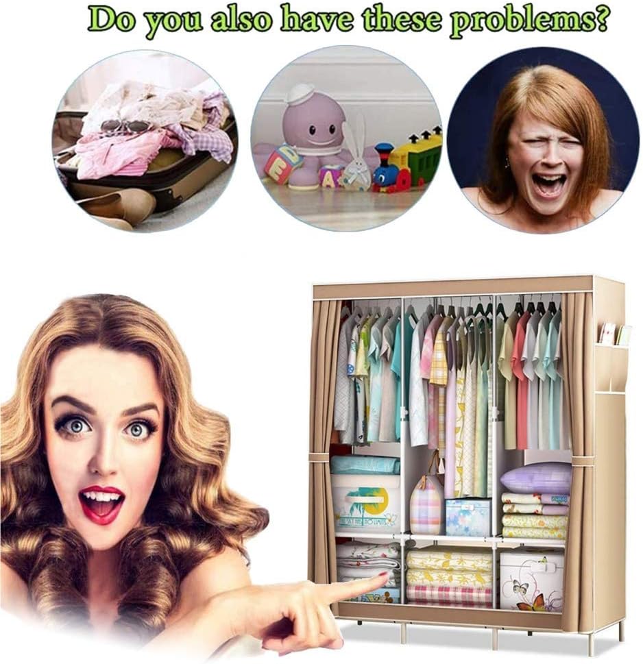 Portable Clothes Closet Wardrobe with Non-Woven Fabric and Hanging Rod Quick and Easy to Assemble for Bedroom, Study, Living Room, Shoes, Toys,B