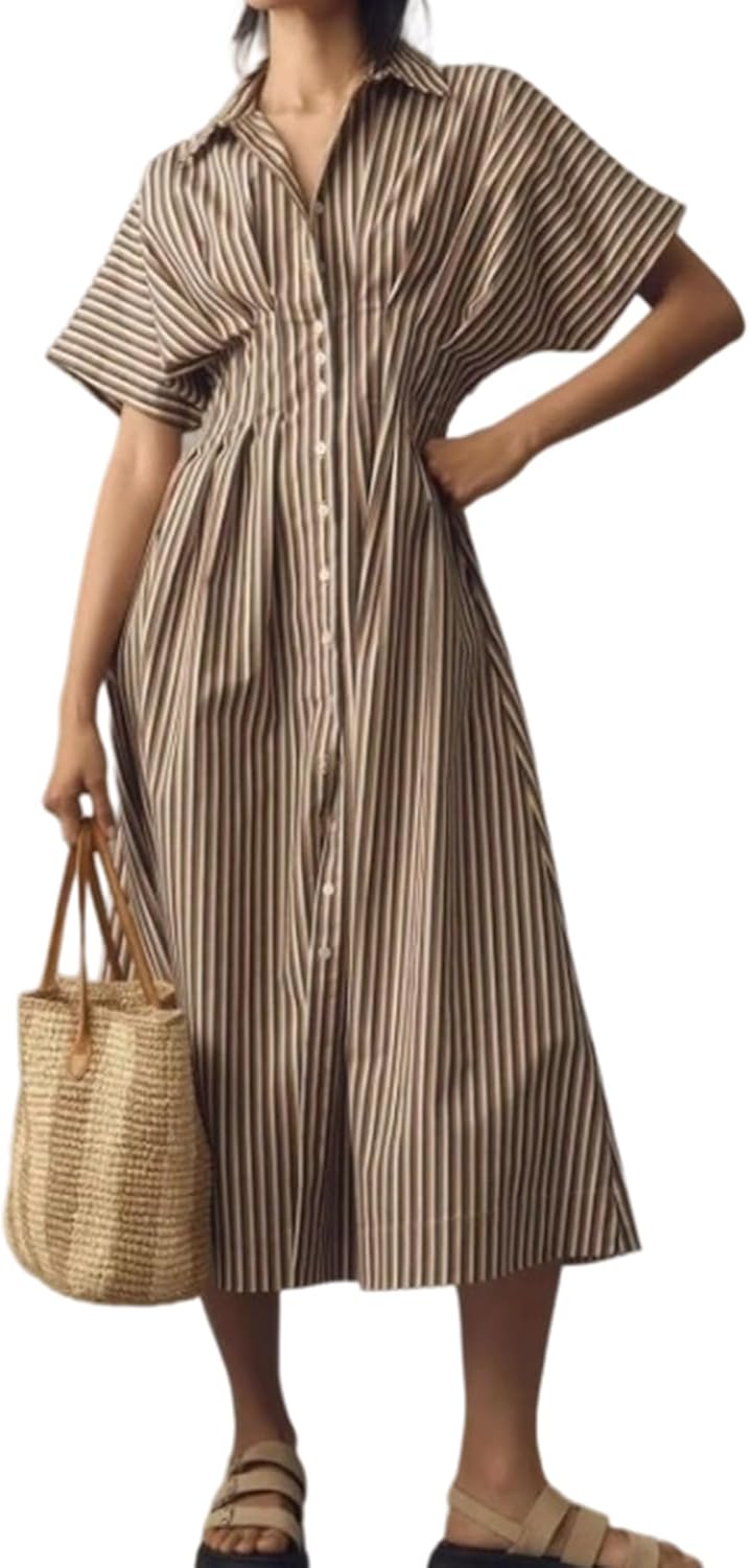 Women Striped Button Down Shirt Maxi Dress Summer Short Sleeve Collar A Line Casual Long Pleated Blouse Dresses