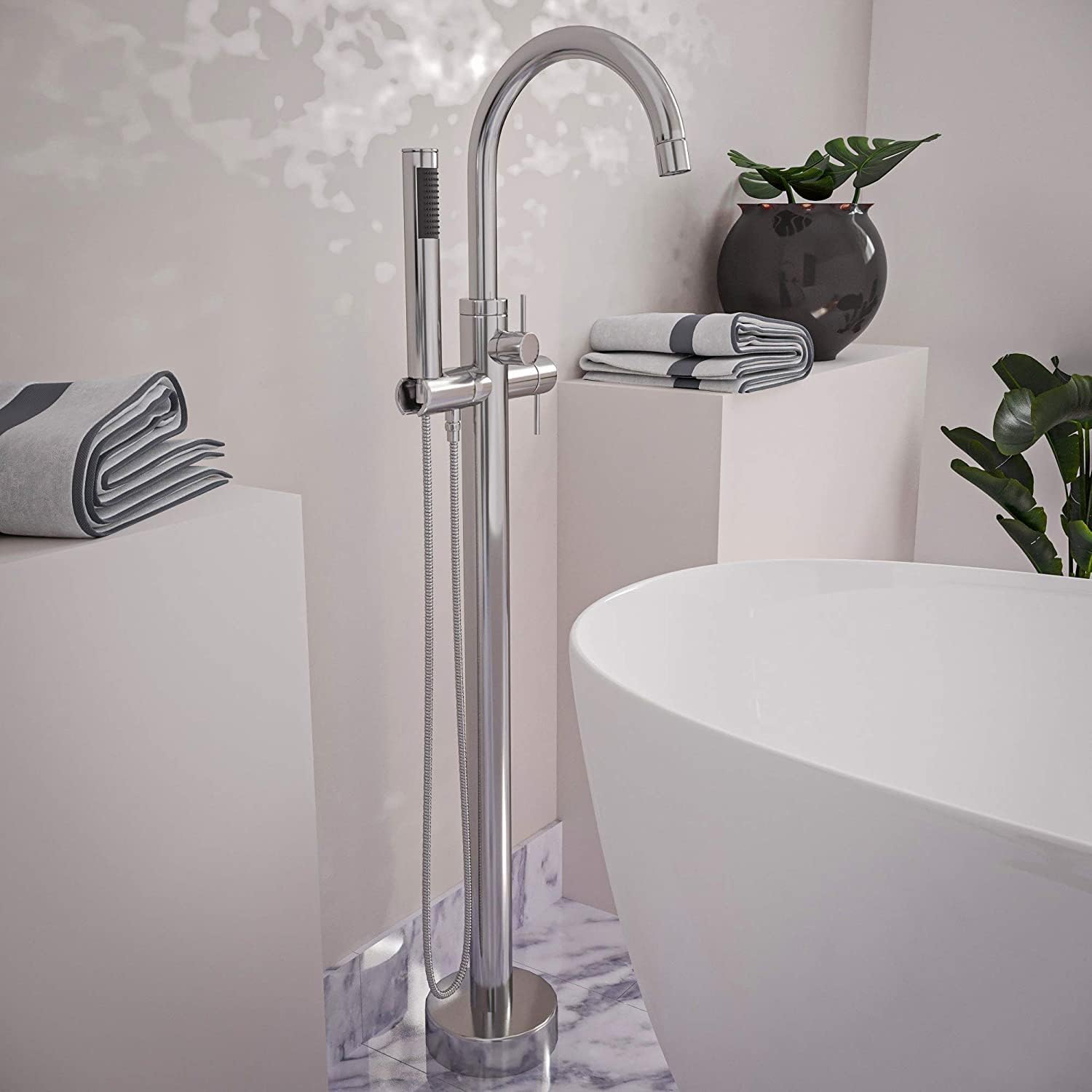 Westbrass DF02043-26 Floor Mount Freestanding Bathtub Filler Faucet with Handheld Shower, Polished Chrome