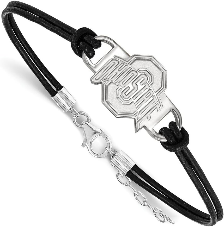 LogoArt Sterling Silver Ohio State University Leather Bracelet Small Center