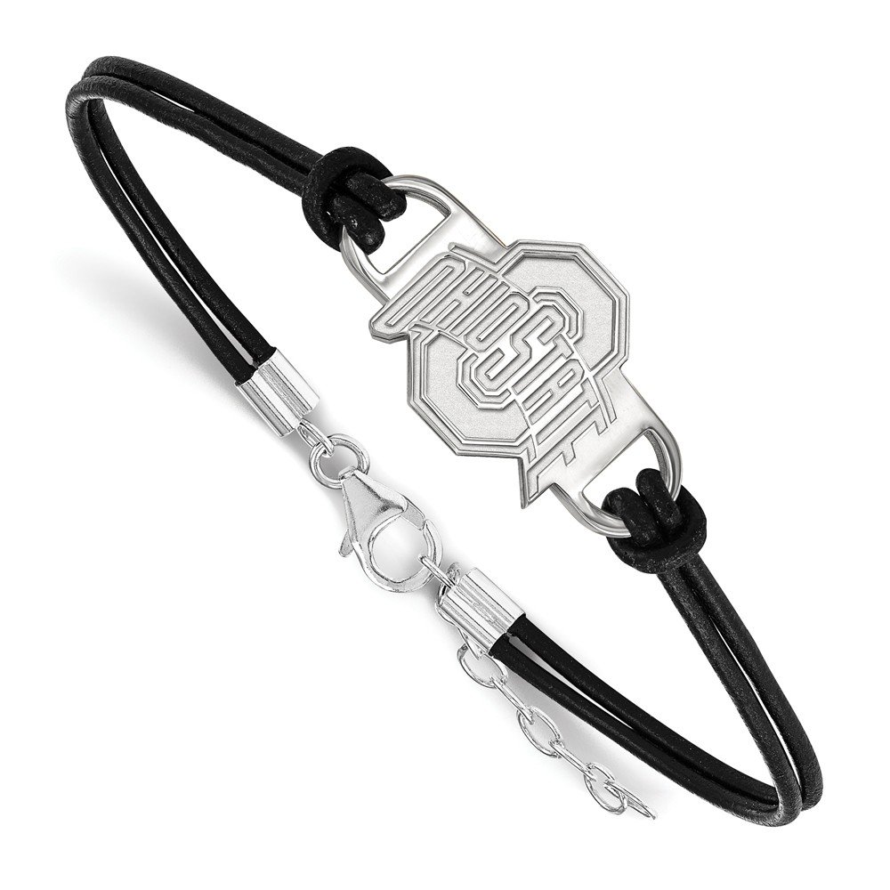 LogoArt Sterling Silver Ohio State University Leather Bracelet Small Center