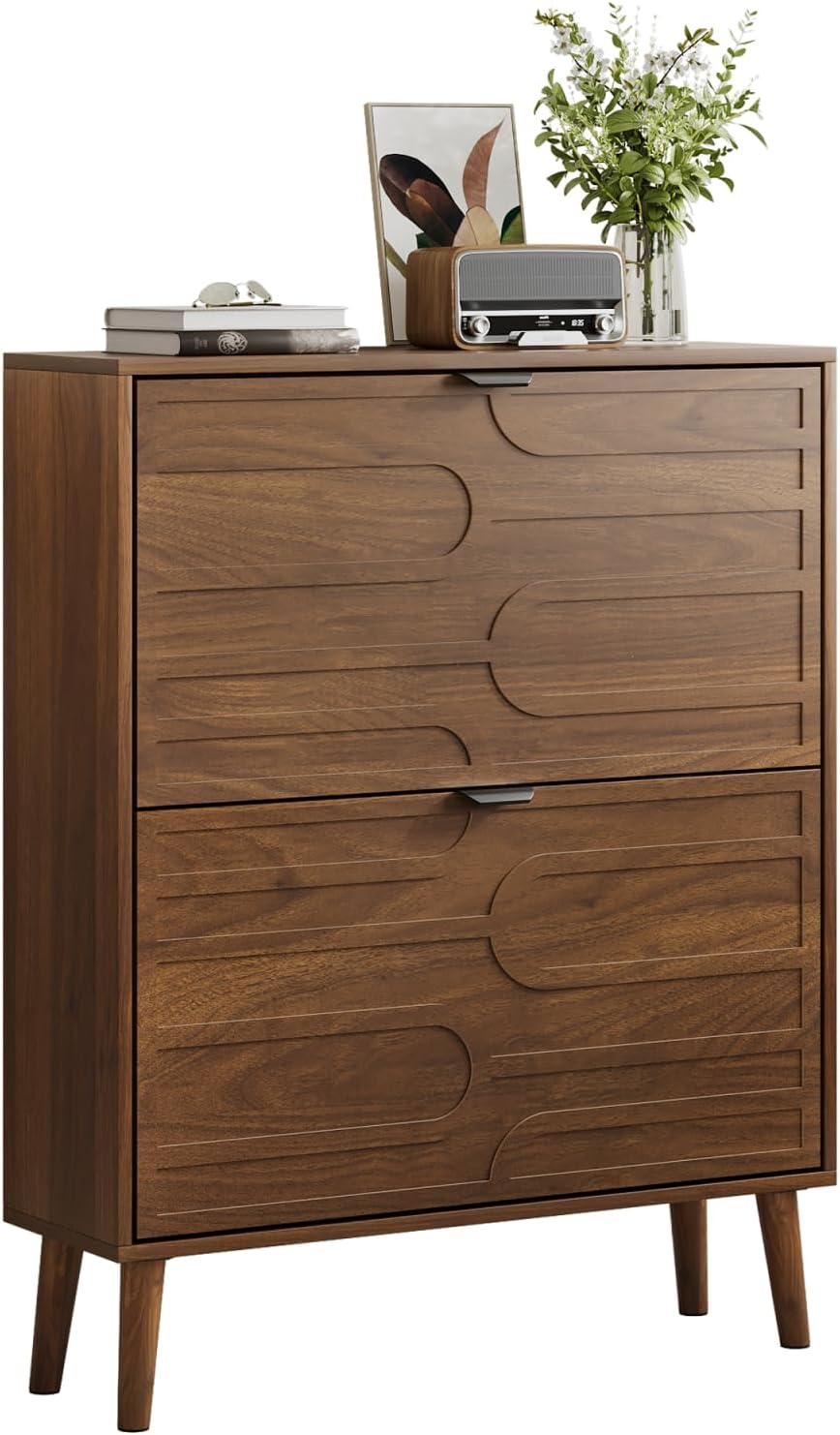 Medieval Modern Independent Shoe Cabinet, 31.5-inch Walnut Shoe Storage Cabinet, Fence Shoe Cabinet with 2 Flip Drawers, Suitable for Corridors and Entrances