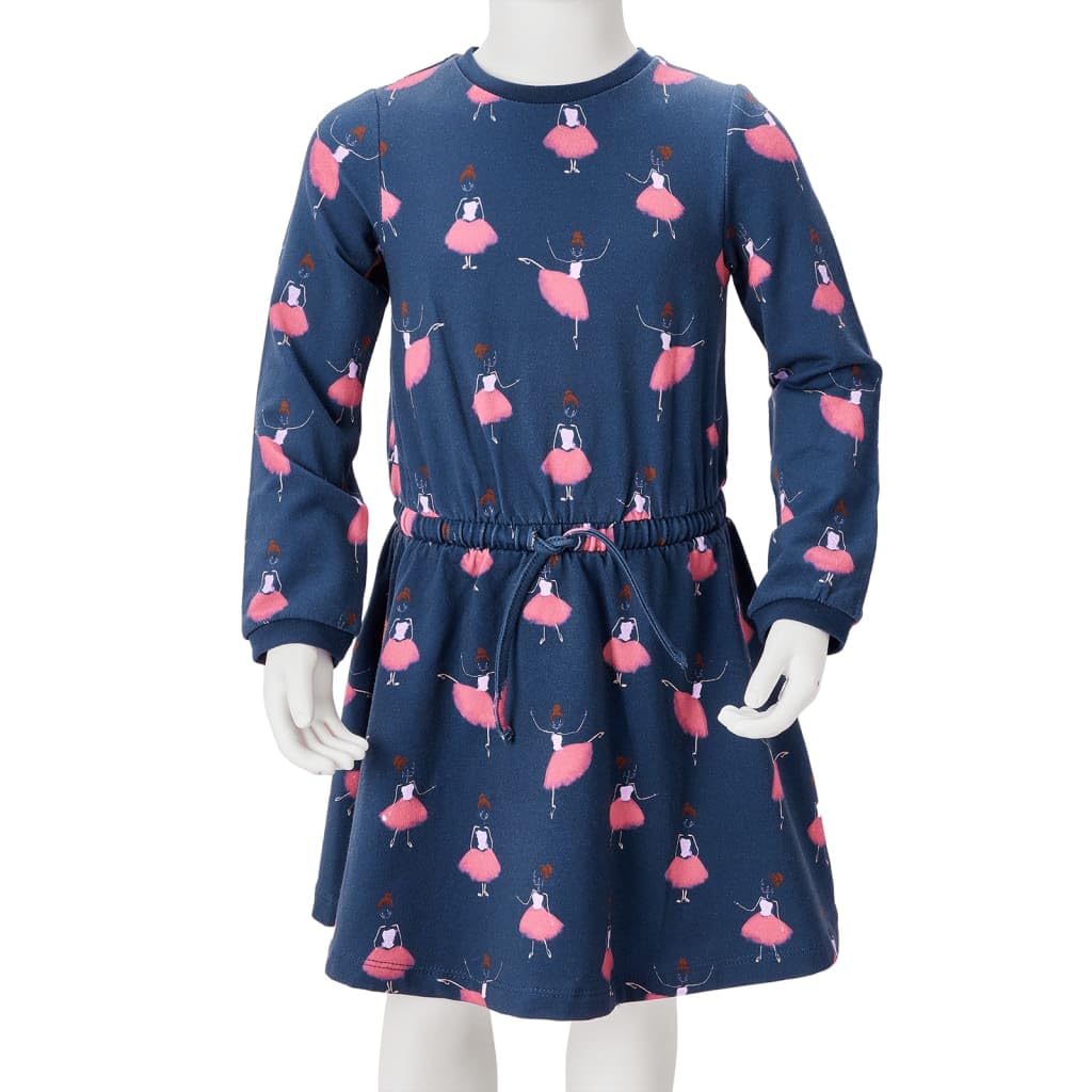 Vestido infantil azul marino de algodón con manga larga y cuello redondo, talla 104 para niña, con estampado de bailarina, cordón en la cintura, adecuado para uso diario, escuela