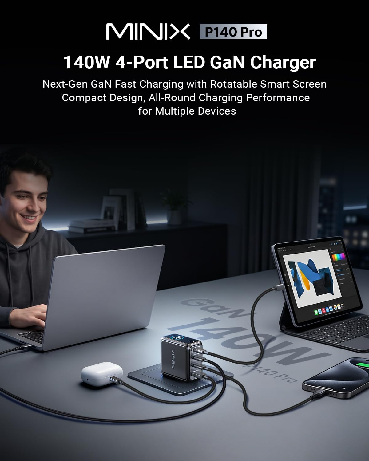 MINIX 140 W Max 4-Port PD3.1 GaN USB C Ladegerät mit 240 W Kabel, Smart Display & Touch Control, faltbarer Reiseadapter mit US/EU/UK Plugs für MacBook, iPad, iPhone17/16, Galaxy S25 Ultra/24