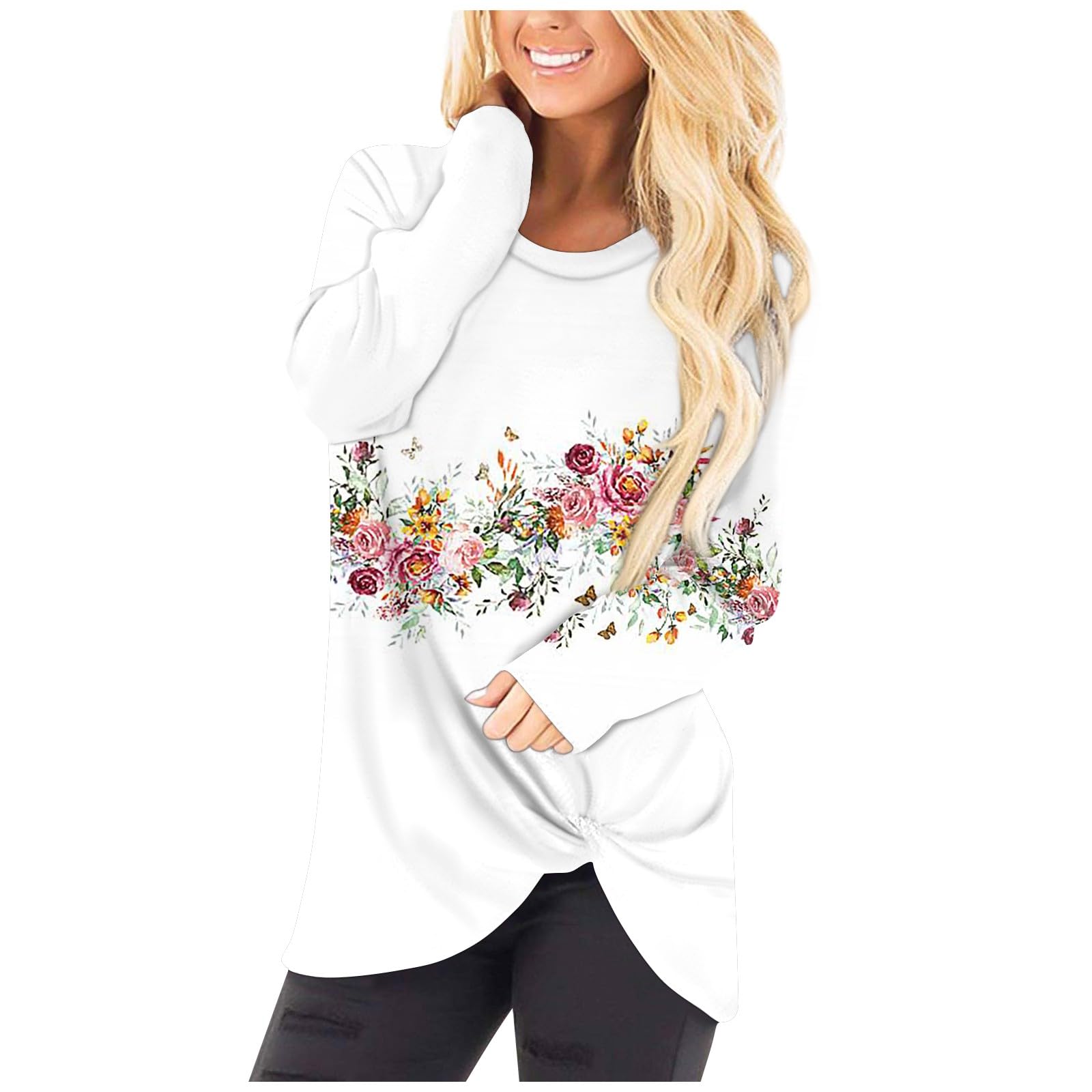 Fall Graphic Tees for Women Hawaii Long Sleeve Front Twist Tops 2023 Fall Winter Fashion Tunics Casual O Neck Blouses