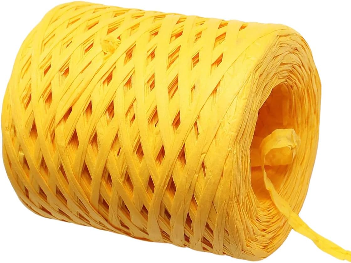 Queenbox 218 Yard Raffia Straw Paper Twine, Solid Gift Wrapping String Twisted Ribbon for DIY Weaving Bows Floral Hat Bag Clothes Wedding Tag, Golden Yellow