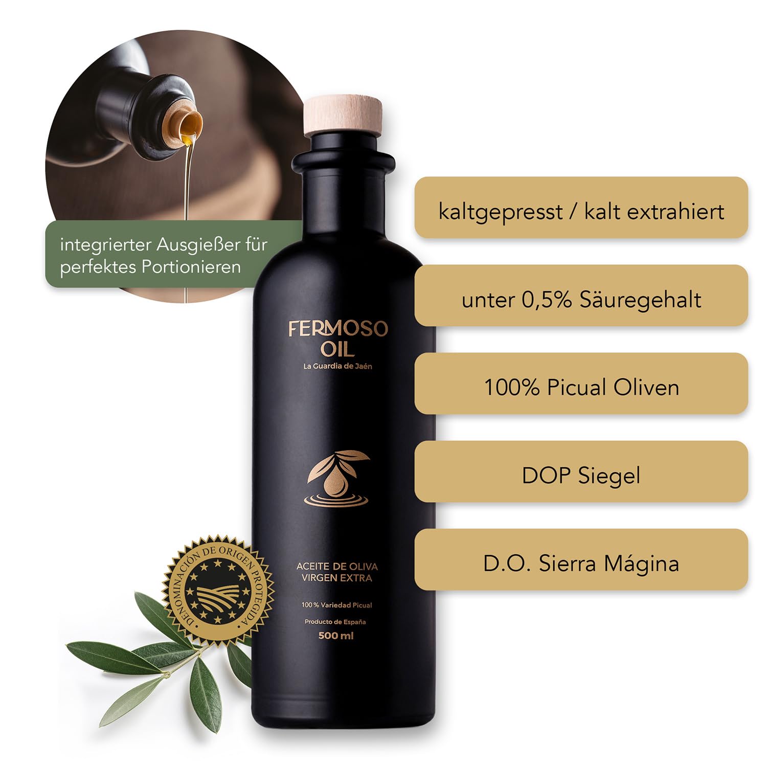 FERMOSO Olivenöl - Natives Olivenöl Extra (500ml) - 100 Prozent Picual-Oliven, kaltgepresst, polyphenolreich, DOP Sierra Mágina aus Spanien, Andalusien