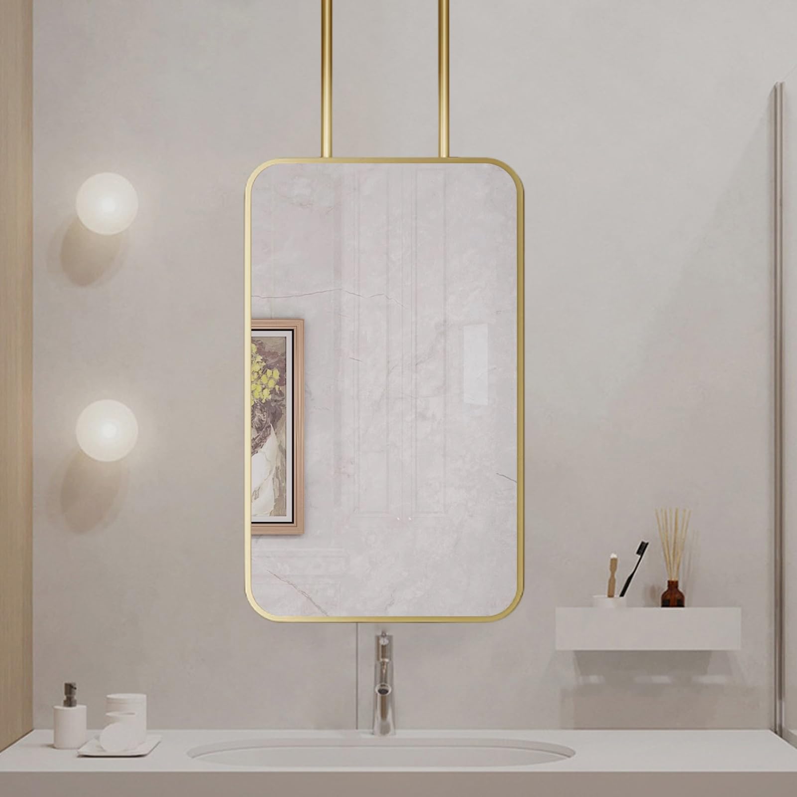 Miroir salle de bain 40x70 cadre métal suspendu plafond