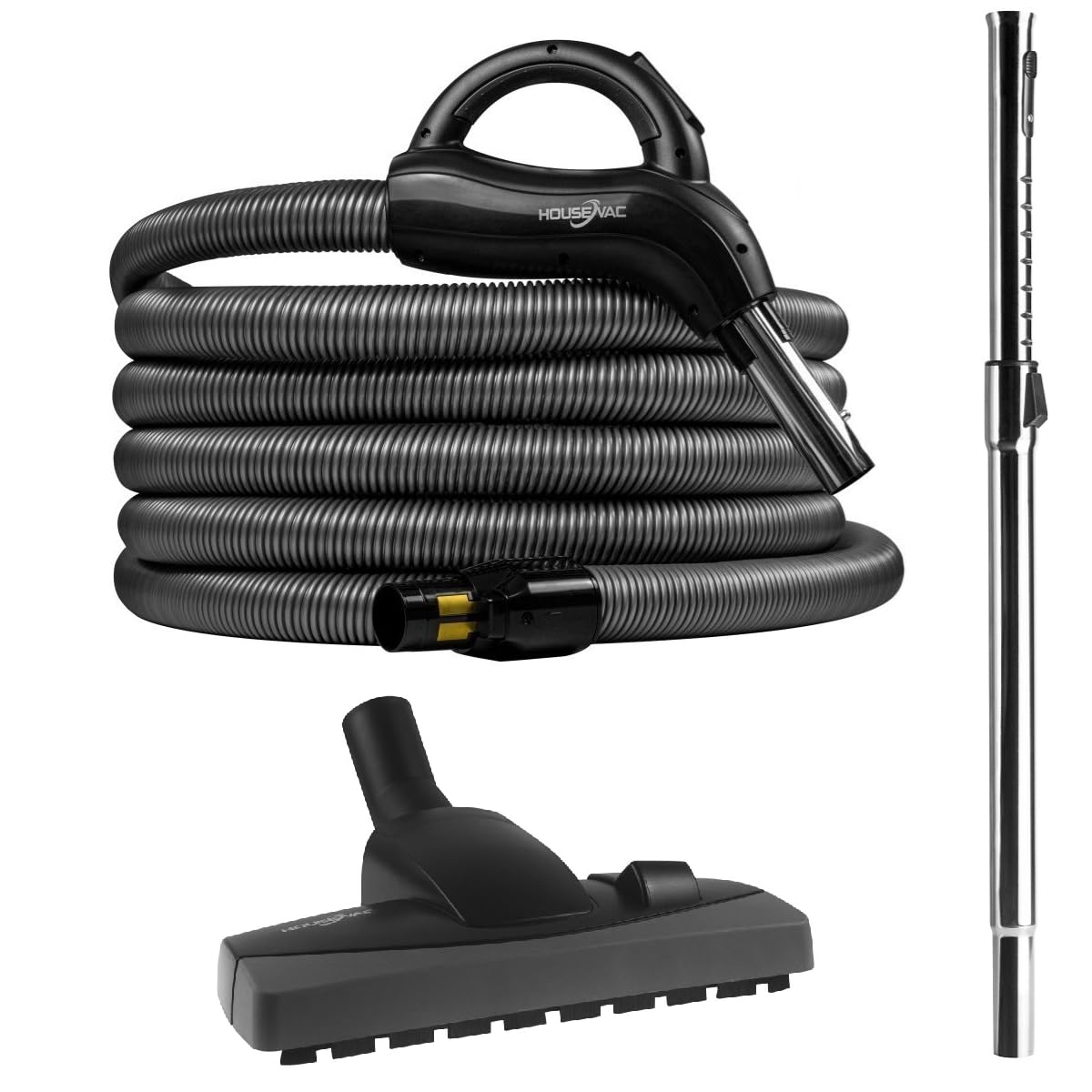 Juego de accesorios de limpieza: una manguera de aspiración central de 9 m, un tubo telescópico con clip, un cepillo de doble función para alfombras y parquetes