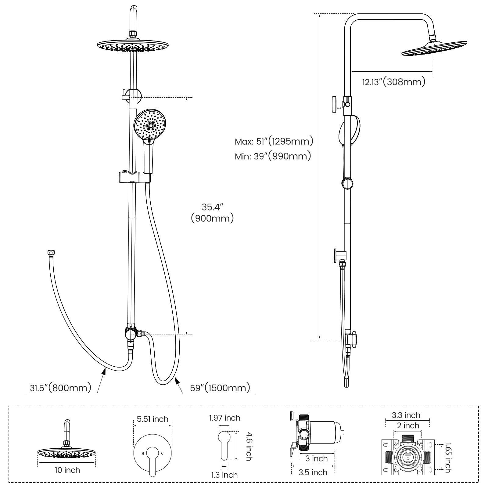 Sistema doccia con soffione a pioggia da 25 cm e doccetta a mano, set rubinetto doccia a parete a 3 funzioni con supporto regolabile in altezza, kit di finitura doccia con valvola inclusa, nichel s