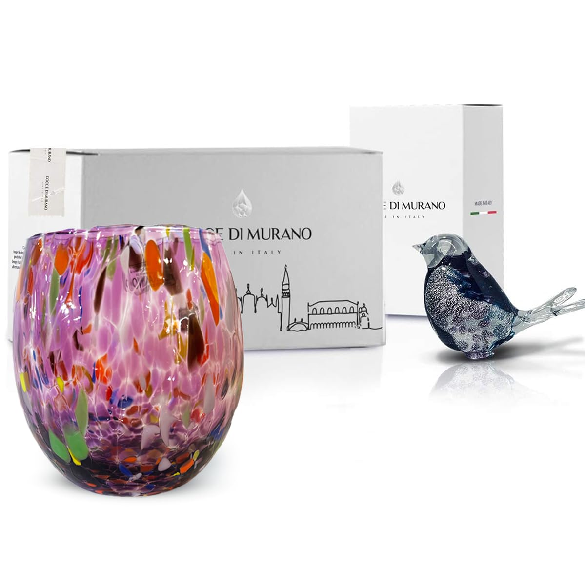 6 Bicchieri Vino Lavorati Secondo la Tradizione degli Artigiani di Murano, Bicchiere Soffiato e Lavorato a Mano 200 ml - Calici Vino Eleganti e Preziosi