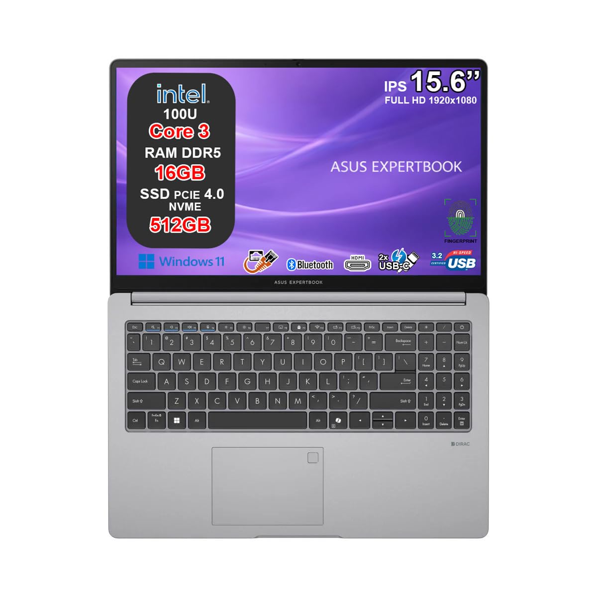 ASUS ExpertBook P1 Notebook, Intel Core 3 100U, 16GB DDR5, SSD 512GB NVMe PCIe 4.0, Display 15,6" FHD Antiriflesso, USB-C Gen2, LAN RJ45, Wi-Fi 6, Bluetooth 5.4, Windows 11, 24 Mesi Garanzia