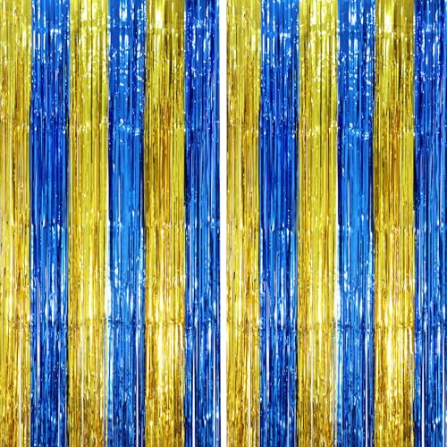 Image of Voircoloria 2 Pack Blue Gold Foil Fringe Backdrop Curtains, Graduation Tinsel Streamers Party Decorations, Fringe Backdrop, Door Shimmer for Birthday Party