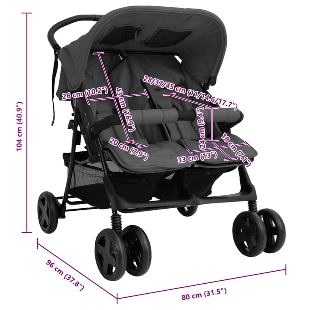 Cochecito gemelar gris oscuro de acero con función plegable, función reclinable, suspensión, toldo para recién nacidos y niños pequeños, compacto, ligero, manejable, ideal para exteriores y