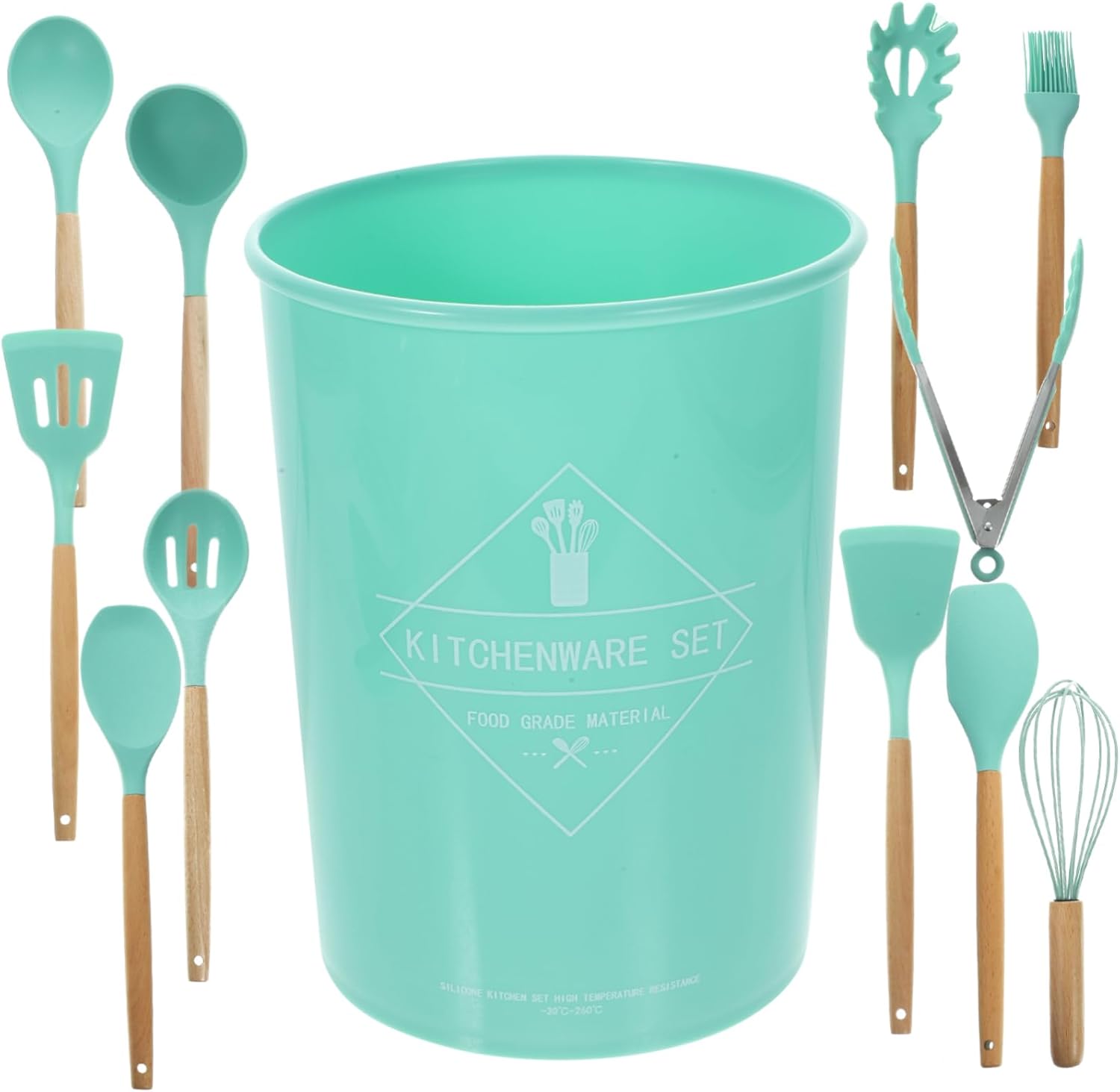 OUNONA Silicone Kitchenware Set Wooden Handles Heat Resistant Non-stick Easy to Clean Multi-functional Utensils