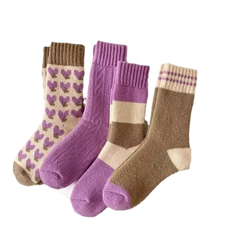 cluze Women Winter Mid-Tube Terry Socks Pack of 4 – Soft Warm Thick Cozy Casual Socks for Cold Weather, Breathable Stretch Fit Purple and Brown-picture-23