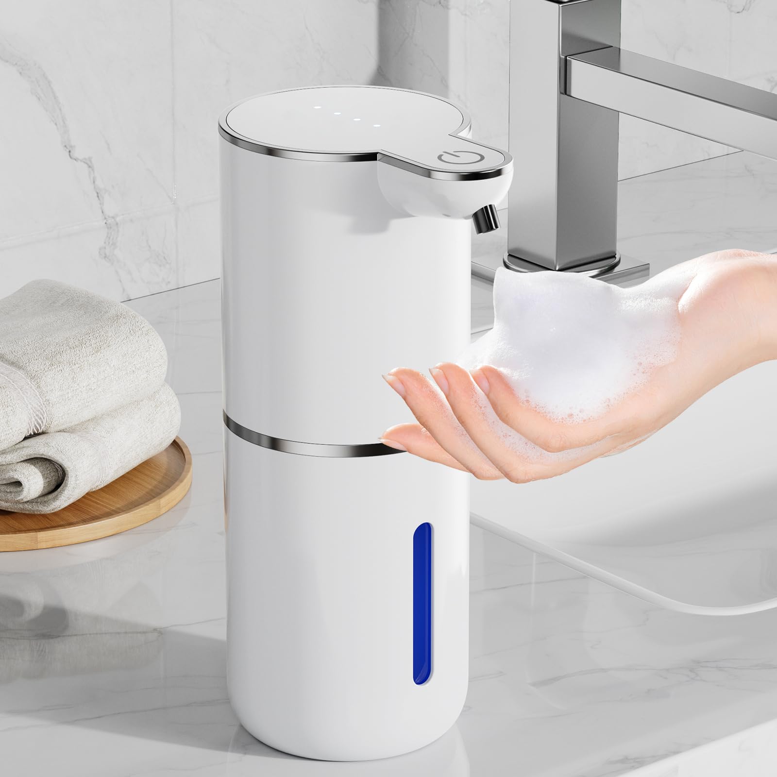 Fantictas Dispensador de jabón automático de espuma eléctrico, recargable por USB, 4 niveles ajustables, soporte de pared de 380 ml, apto para baño, cocina, lavavajillas y lavavajillas (blanco)
