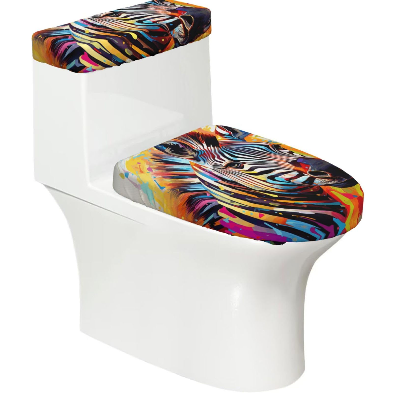 Abstract Animal Zebra Printed Toilet Tank and Lid Cover Set of 2 for Most Bathrooms, Fits Elongated Round Toilets