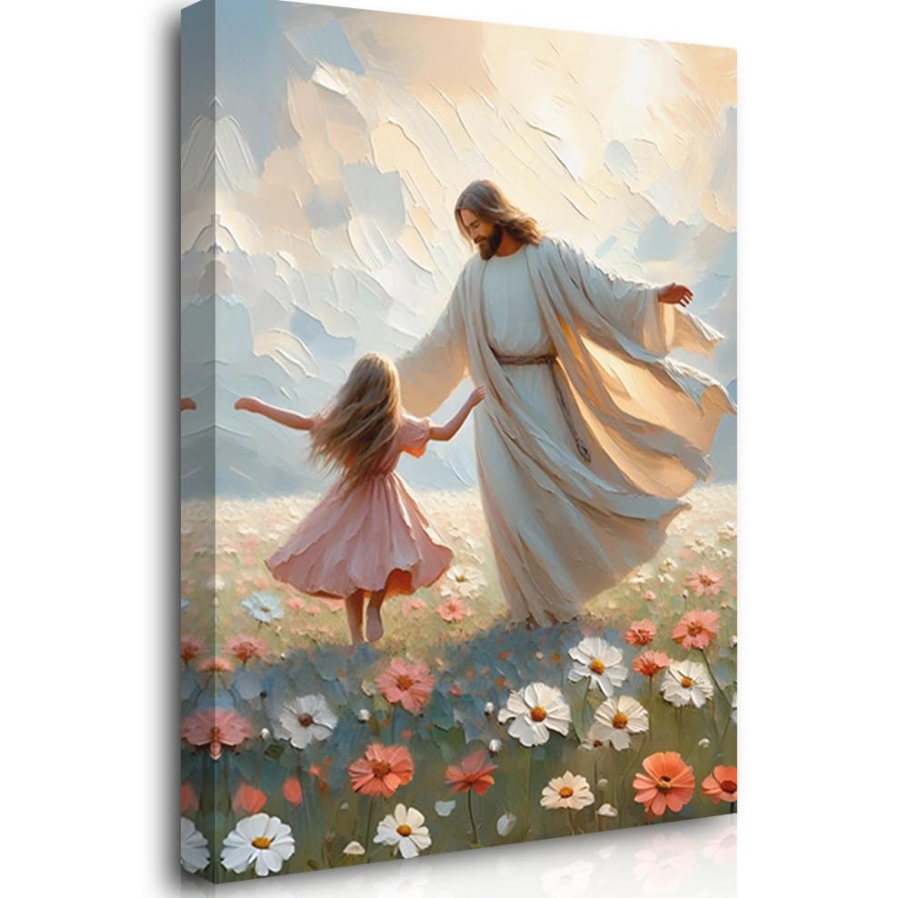 Reateforin Religious Wall Art for Home Decor A Dance of Grace,Jesus and Girl Dancing Canvas Little Girl LDS Art Modern Christian Wall Decor Kids Bible Art Painting Jesus with Children Prints 16"x24"