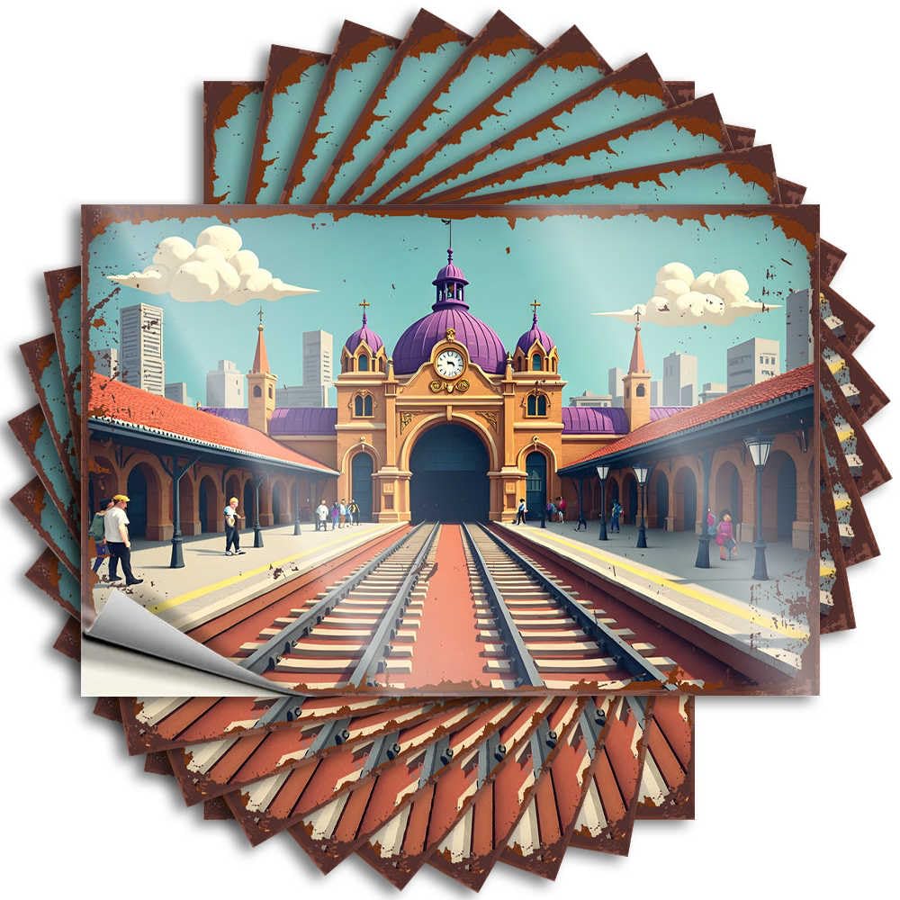 Fzfn Colour Rv Camping Accessories Cover Sticker | Vintage Train Station With Purple Domes And Cityscape Background Optical Illusion For Texas Decor(6X9cm)