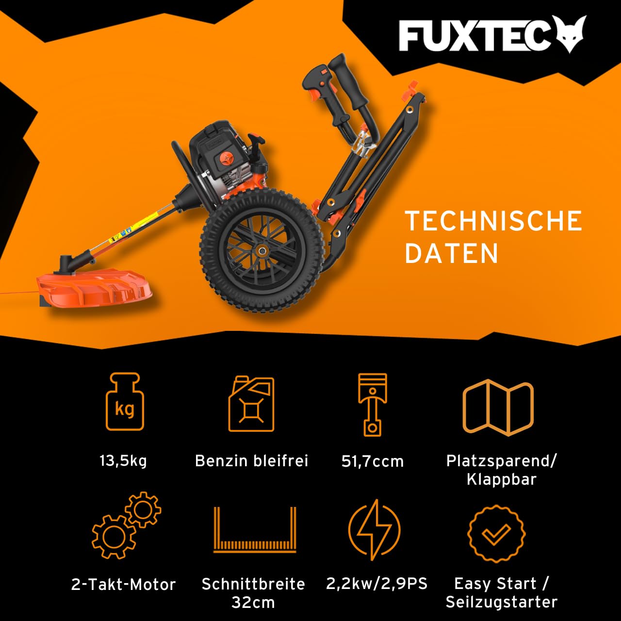 FUXTEC Benzin Motorsense auf Rädern FX-FSR152 mit 52 cc, großen Lufträdern und 3 PS Leistung Trimmer Rasentrimmer Freischneider fs Faden 2-Takt