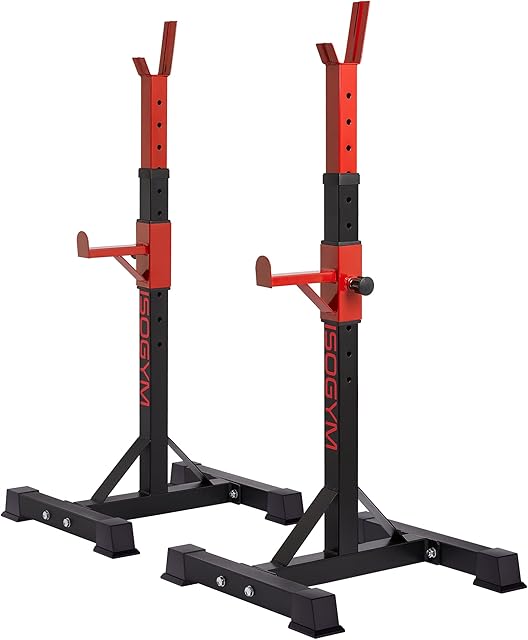 ISOGYM Impact Free Standing Adjustable Squat Rack 200kg Max Load 14 Upper Shelf Latches and 4 Lower Shelf Latches Rubber Floor Protecting Caps Black Red