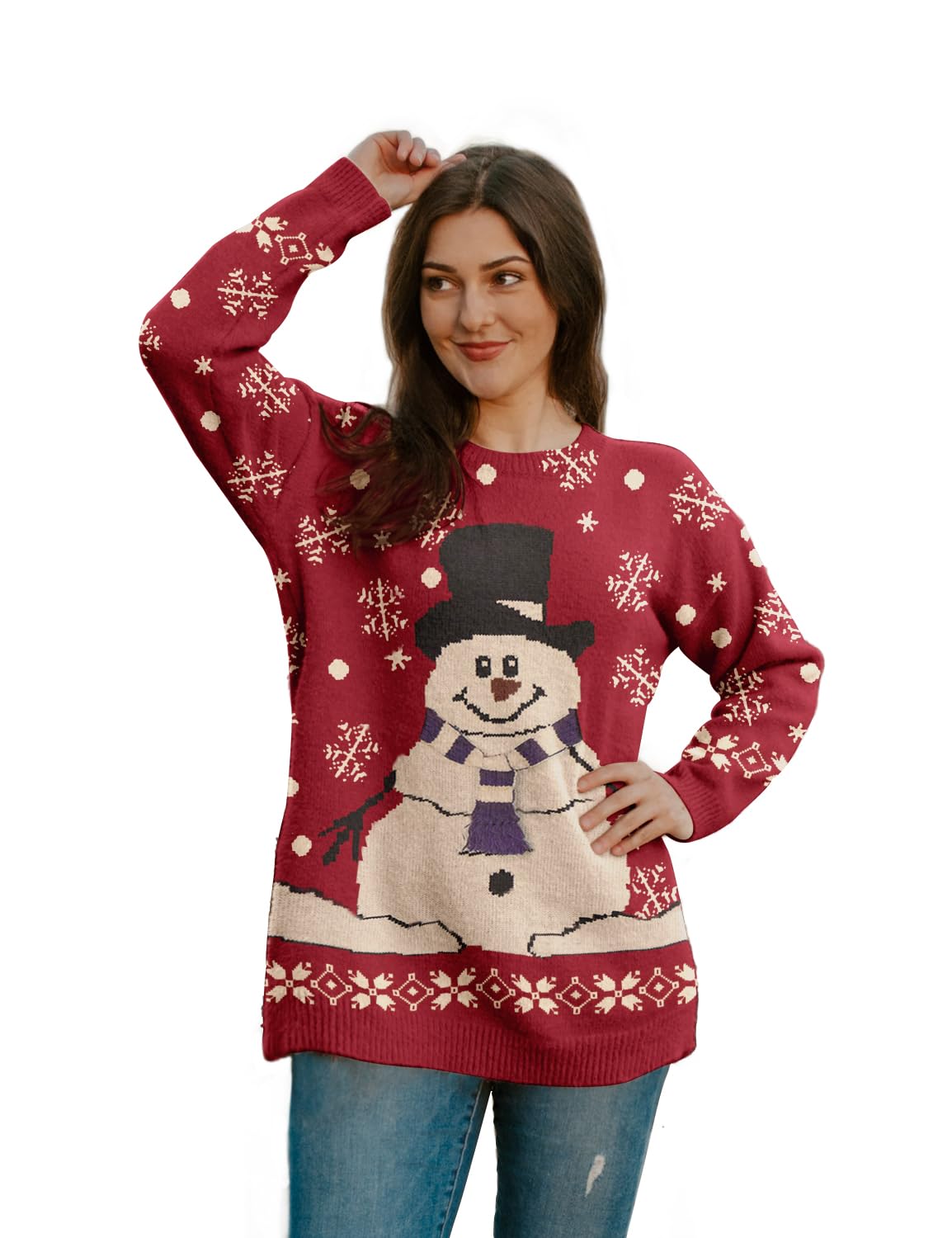 YESNO Women Christmas Sweater Graphic Printed Oversized Pullover Sweaters Casual Loose Knit Tops L S01 CR175