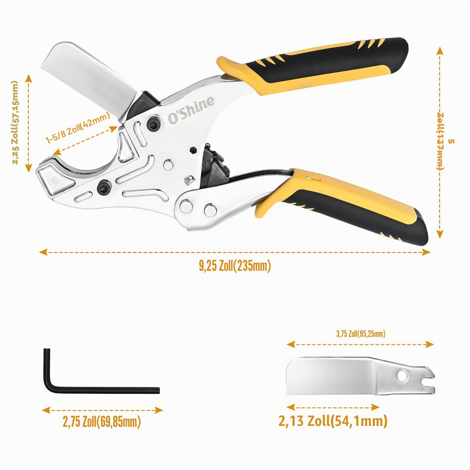 O’Shine PVC Rohrschneider bis 42 mm | Professionelle Ratschen-Rohrschere für PEX, PPR, Kunststoffrohre & Schläuche | Sanitär Werkzeug inkl. Ersatzklinge & Inbusschlüssel
