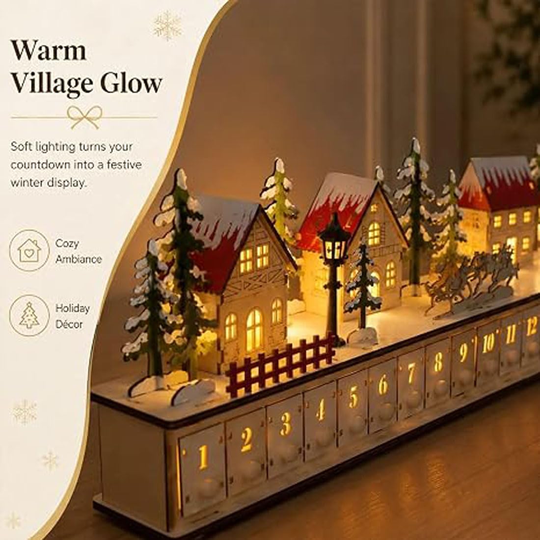 Calendario de Adviento de Madera con Iluminación LED, 24 Cajones (A) | Rueda de Adviento de Madera con Cuenta Regresiva de 24 Días para Decoración Navideña