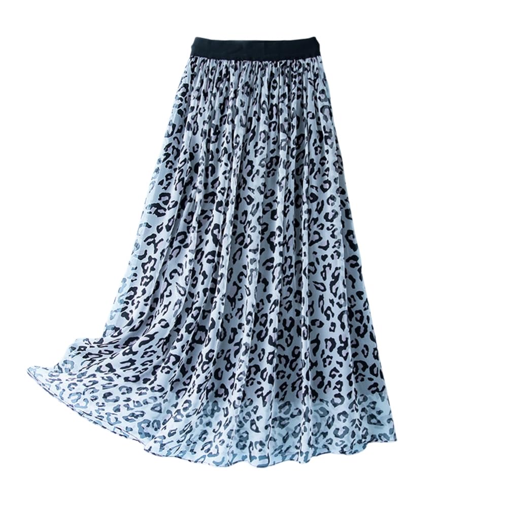 DISSA Jupe Midi Soie Imprimé Léopard Taille Élastique | Imprimé léopard bleu, taille élastique, longueur midi, tissu léger, streetwear tendance, tenue décontractée, style chic