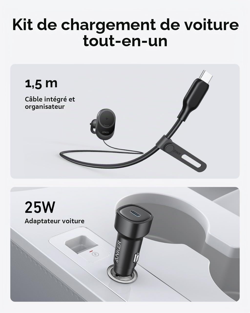 Anker Chargeur Magsafe Allume-Cigare à Induction 15W, Chargeur pour Automobile Rapide, Angle Ajustable 360° et Magnet Puissant, Support téléphone, pour iPhone séries 16/15(câble et Adaptateur Inclus)