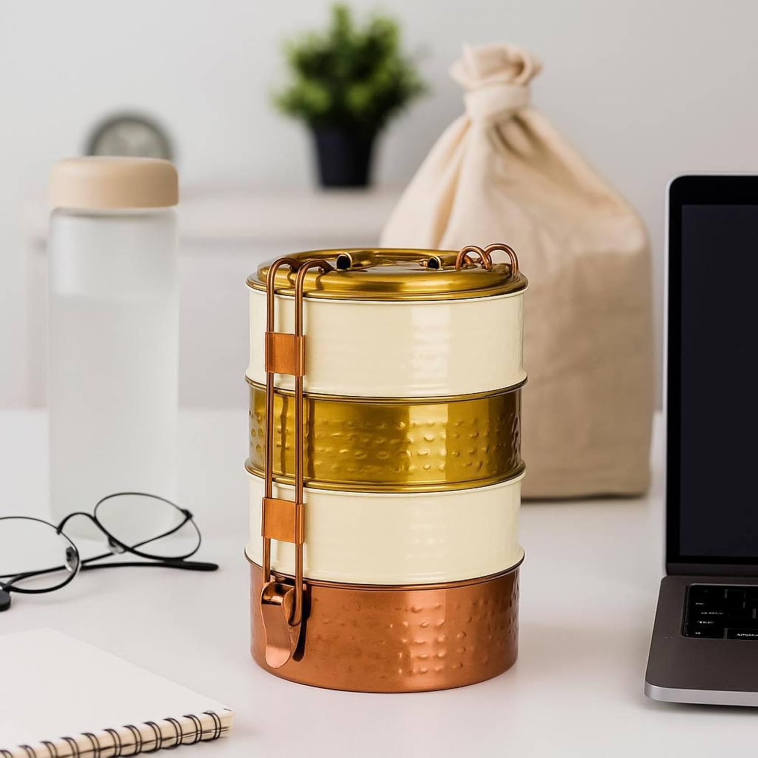 Elan 4 Compartment Lunch Box |Stainless Steel Four Tier Tiffin Box | Easy to Carry |Traditional Indian Lunch Box for Men | (White/Gold)