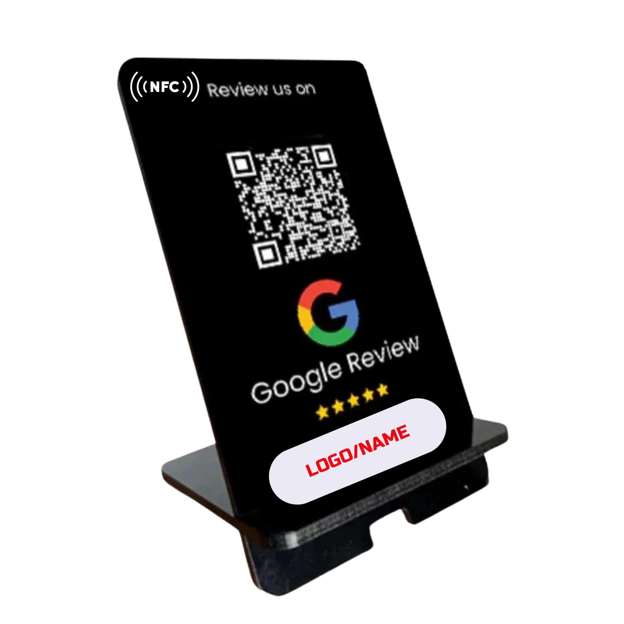 Generic Premium NFC Review Stand for Improving Google Ratings - Customizable with Logo, UV Printed, White, Acrylic, Modern/Contemporary Style