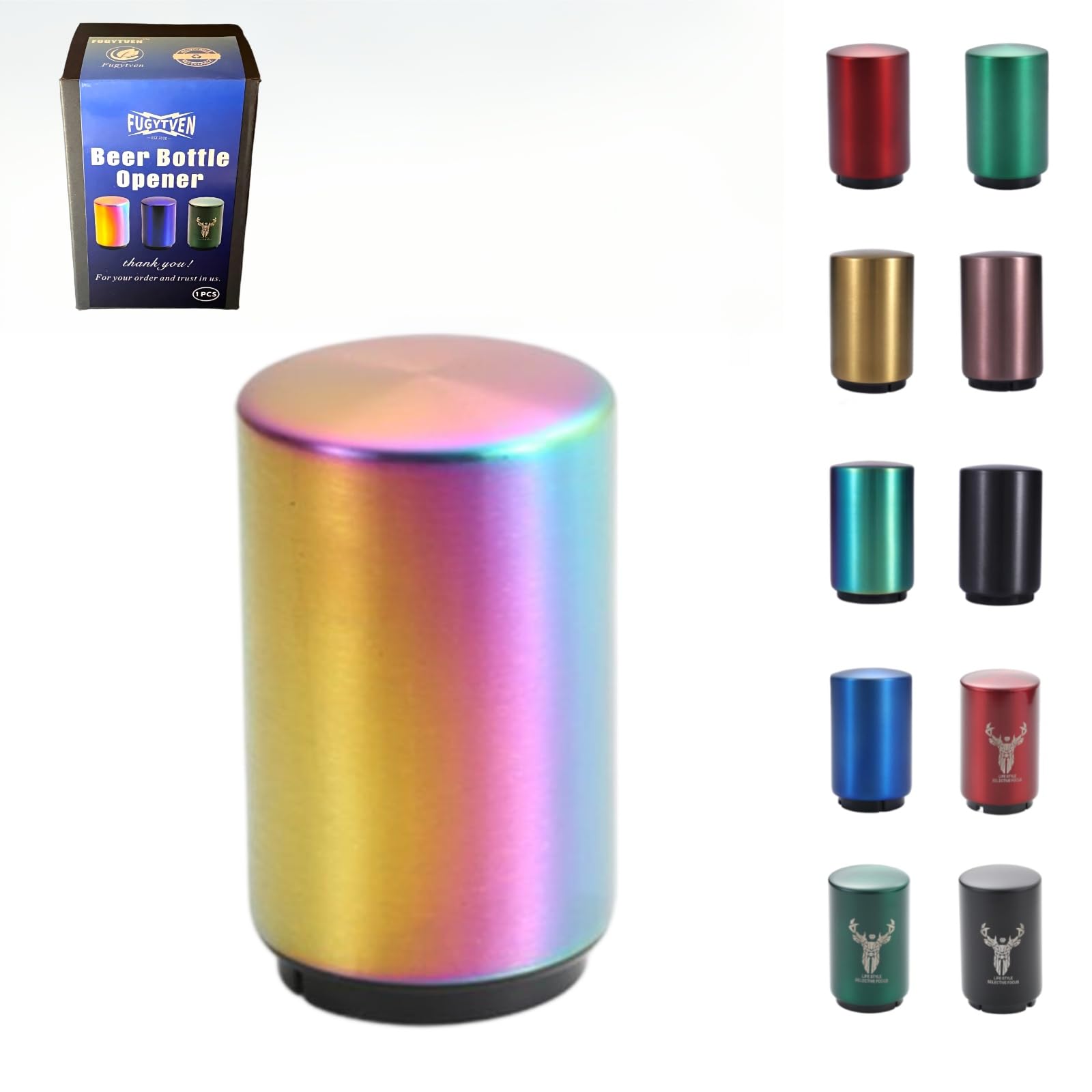 FUGYTVEN Push Down Bottle Opener | Automatic 304 Steel | One-Handed & No Damage | Beer/Soda Cap Remover & Magnet Catcher | Ultimate Gift for Men, Dad, Beer Lovers (Colorful)