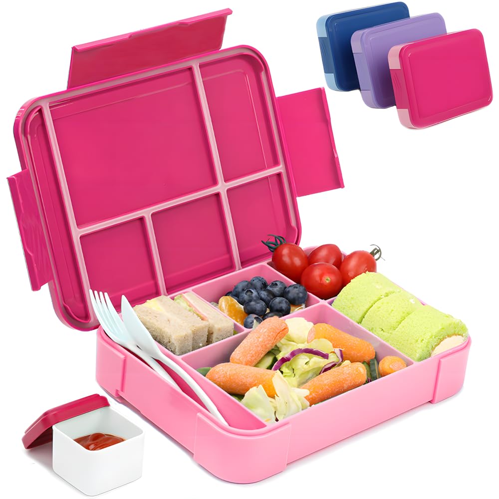 Bugucat Brotdose Kinder mit Fächern 1330ML,Lunchbox Kinder Bento Box Auslaufsicher mit 6 Fächern Besteckset,Vesperdose Frühstücksbox für Mädchen Jungen