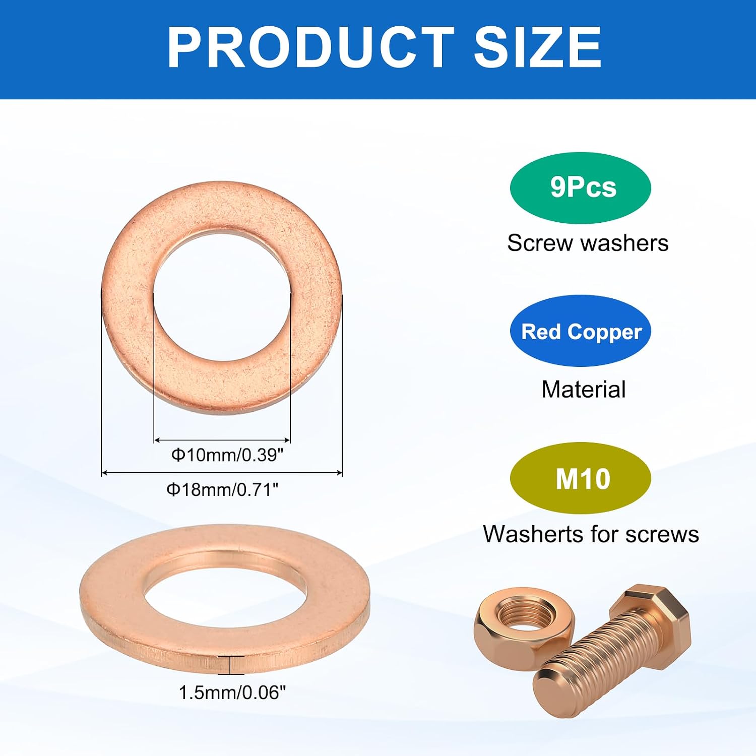 MECCANIXITY 9Pcs Flat Washer, M10 Copper Washers Copper Sealing Ring Crush Washer Kit Assortment, 10mm ID, 18mm OD, 1.5mm Thick for Bolts Screws Machinery Repair