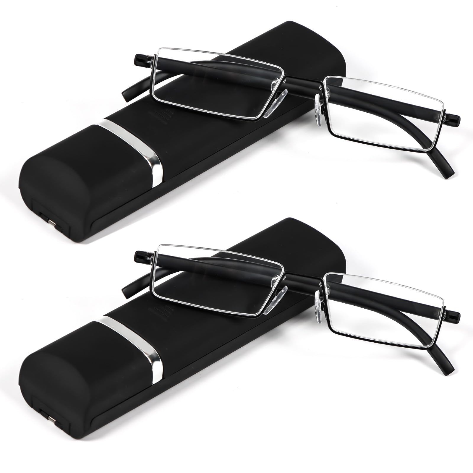 REAVEE 2 Pack Half Frame Reading Glasses for Men Women, Half Lens Slim Metal Lightweight Readers Portable with Case, Black +1.5