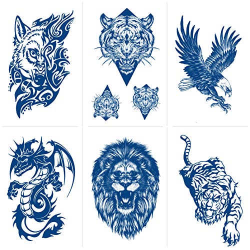 6 Sheets PADOUN Semi Permanent Temporary Tattoos Animals, 100% Plant-Based Ink Long Lasting Waterproof Temporary Tattoo Sticker Wolf Tiger Lion Tatoo Arm Fake Waist Back Tatto Women Men