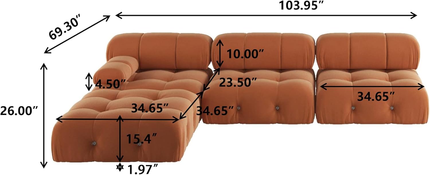 104'' Modular Sectional Sofa, L-Shaped Velvet Modular Couch with Reversible Chaise Ottoman, Modern Cloud Sectional Couches for Living Room, Apartment (3 Seats, 1 Ottoman, Orange) 3 Seats&Ottoman Orange