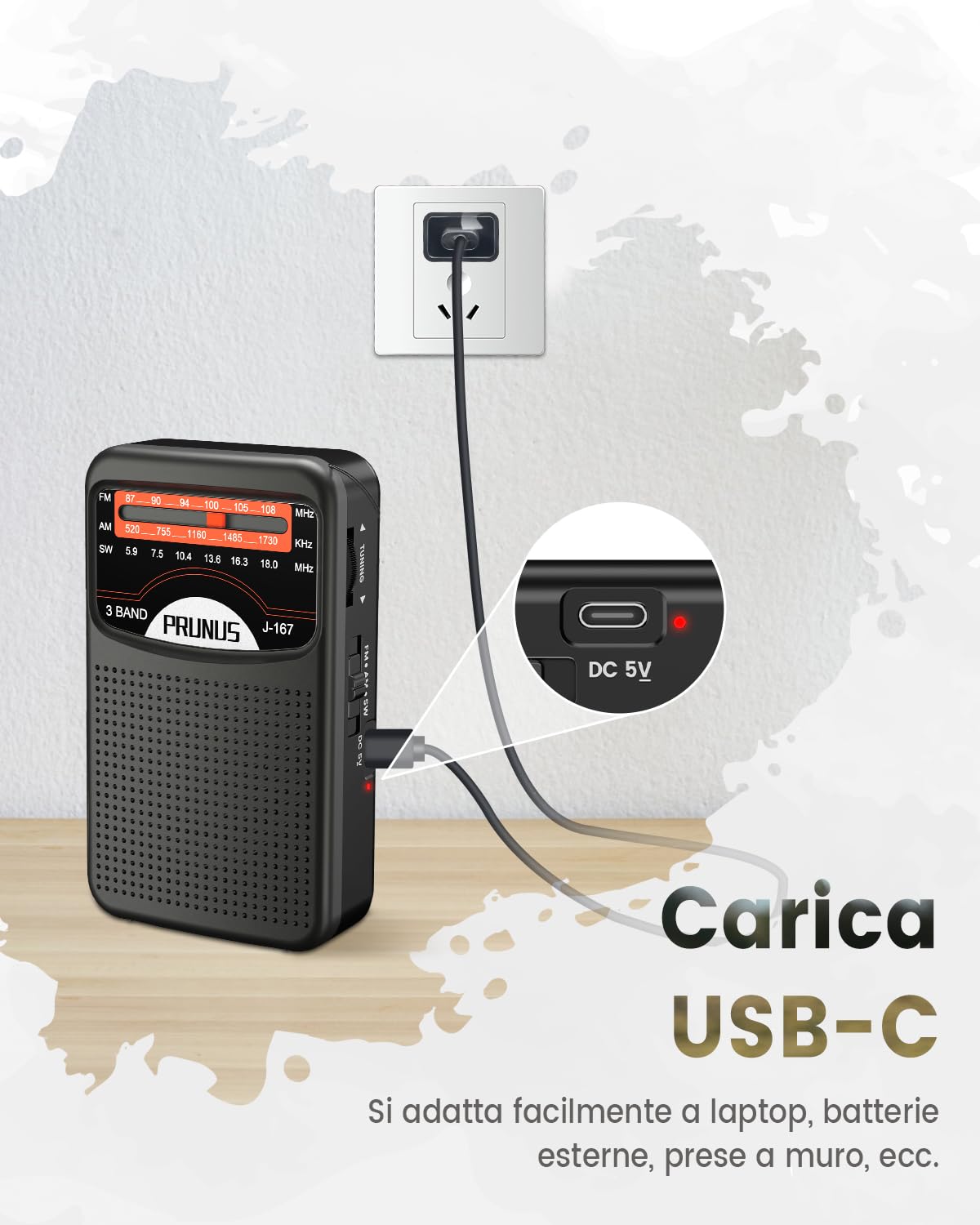 PRUNUS J-167 Radio Portatile Ricaricabile FM/AM con Jack/Cinturino, Nero