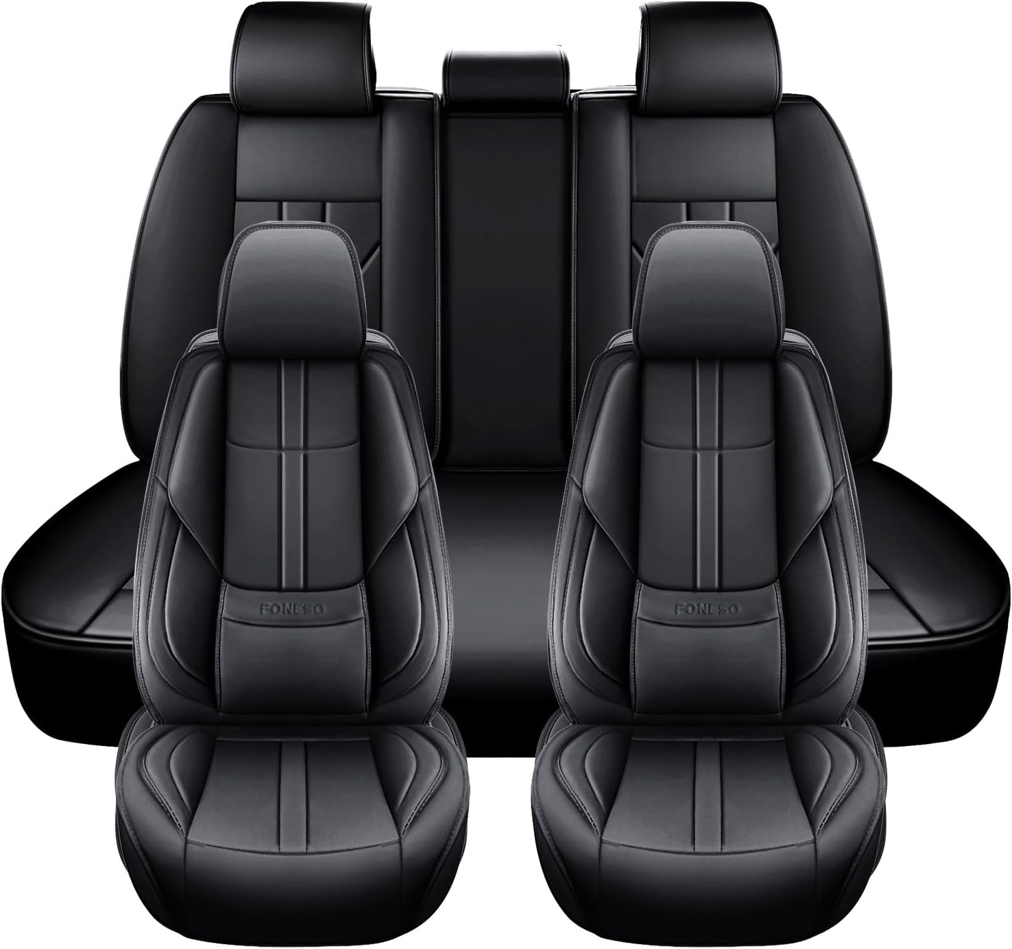Foneso Universal Car Seat Covers 5 Seats, Nappa Leather Automotive Seat Covers Non-Slip Vehicle Accessories, Waterproof Seat Protector Fit for Sedan, Airbag Compatible,Back Support (Black, Full Set)