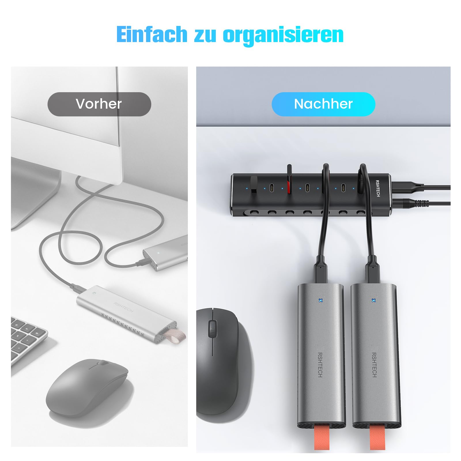 RSHTECH Hub USB C Alimentato, Hub USB 3.2 a 7 Porte in Alluminio con Alimentatore 36W 12V/3A e Cavo 1m per Notebook/PC Desktop Dotati di Porte USB-C e Thunderbolt, RSH-H7C