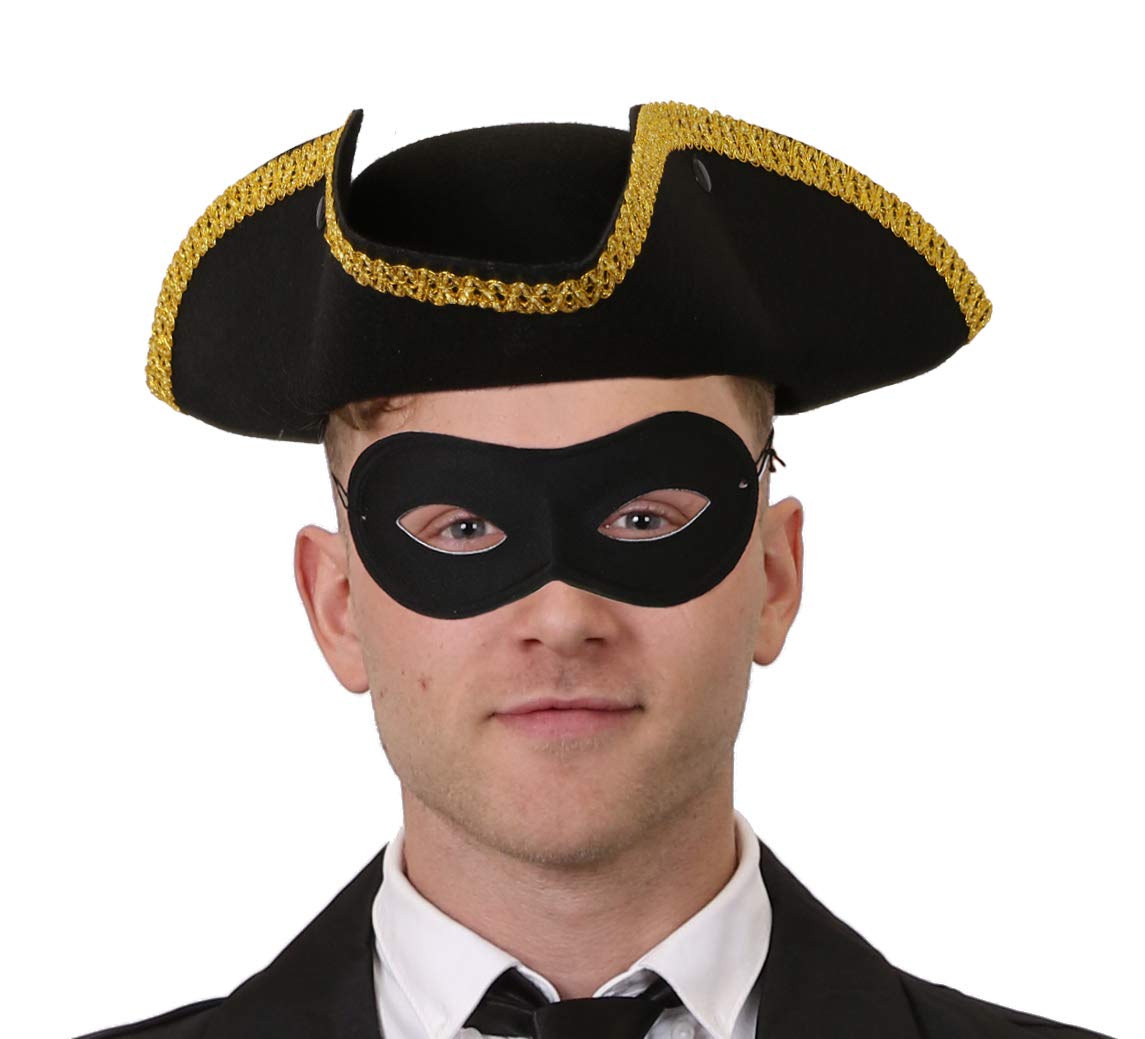 Adults Highwayman Dick Turpin Fancy Dress Highway Man Tricorn Hat With Gold Trim and Mask Perfect for School Book Week and World Book Day or Any Party Available in One Size (Gold Trim)